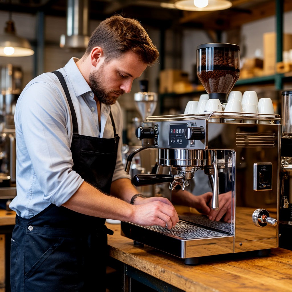 Master engineer assembling a premium espresso machine in our London workshop
