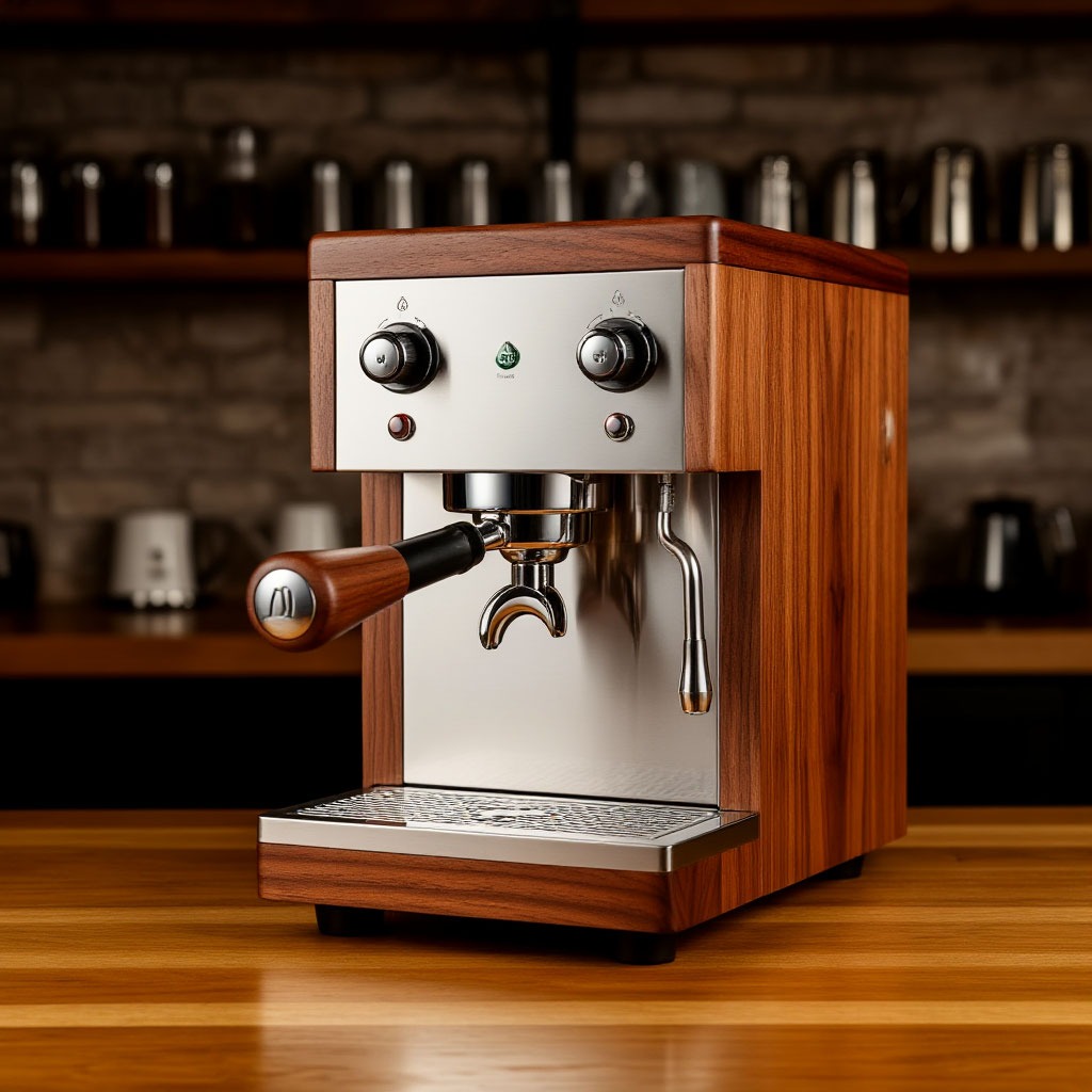 Premium handcrafted espresso machine with walnut accents